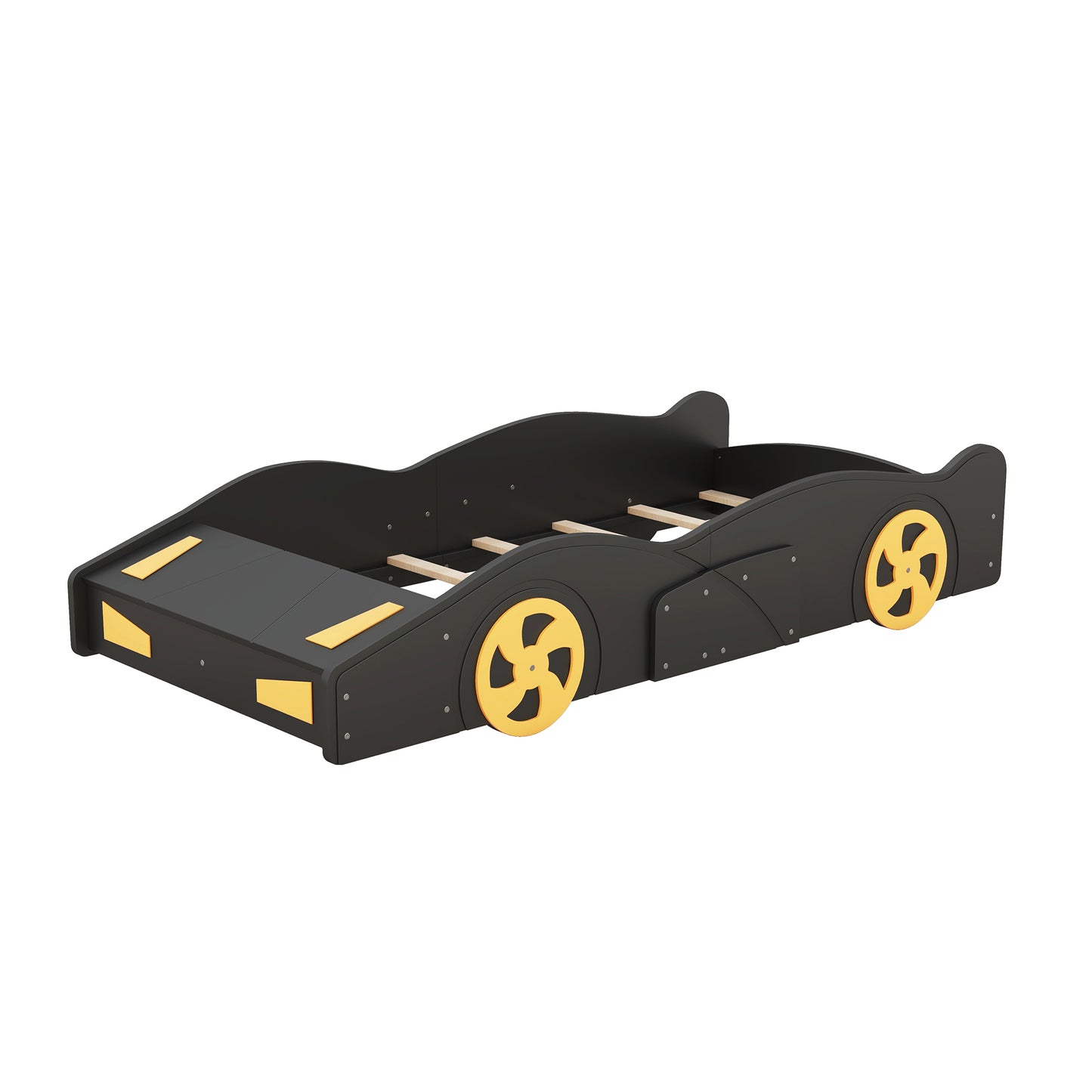 Twin Size Race Car Platform Bed with Storage and Wheels in Black and Yellow