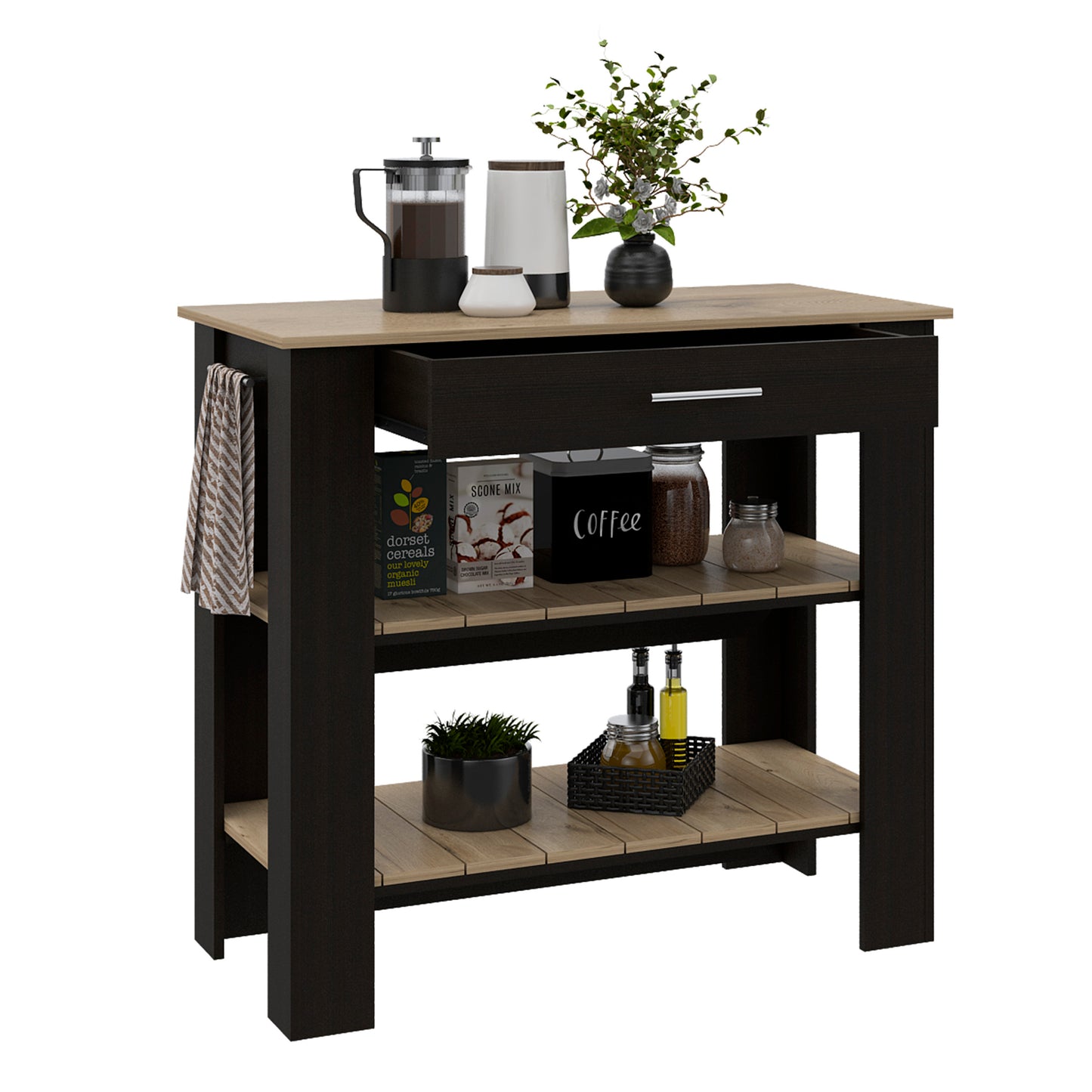 Multifunctional Kitchen Island with Storage Shelves and Drawer - 37" H, Black/Light Oak