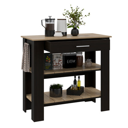 Multifunctional Kitchen Island with Storage Shelves and Drawer - 37" H, Black/Light Oak