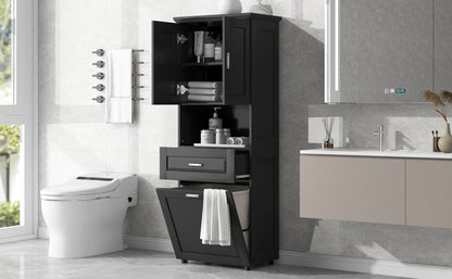 Stylish Tall Black Bathroom Storage Cabinet with Removable Laundry Basket and Ample Organizing Space