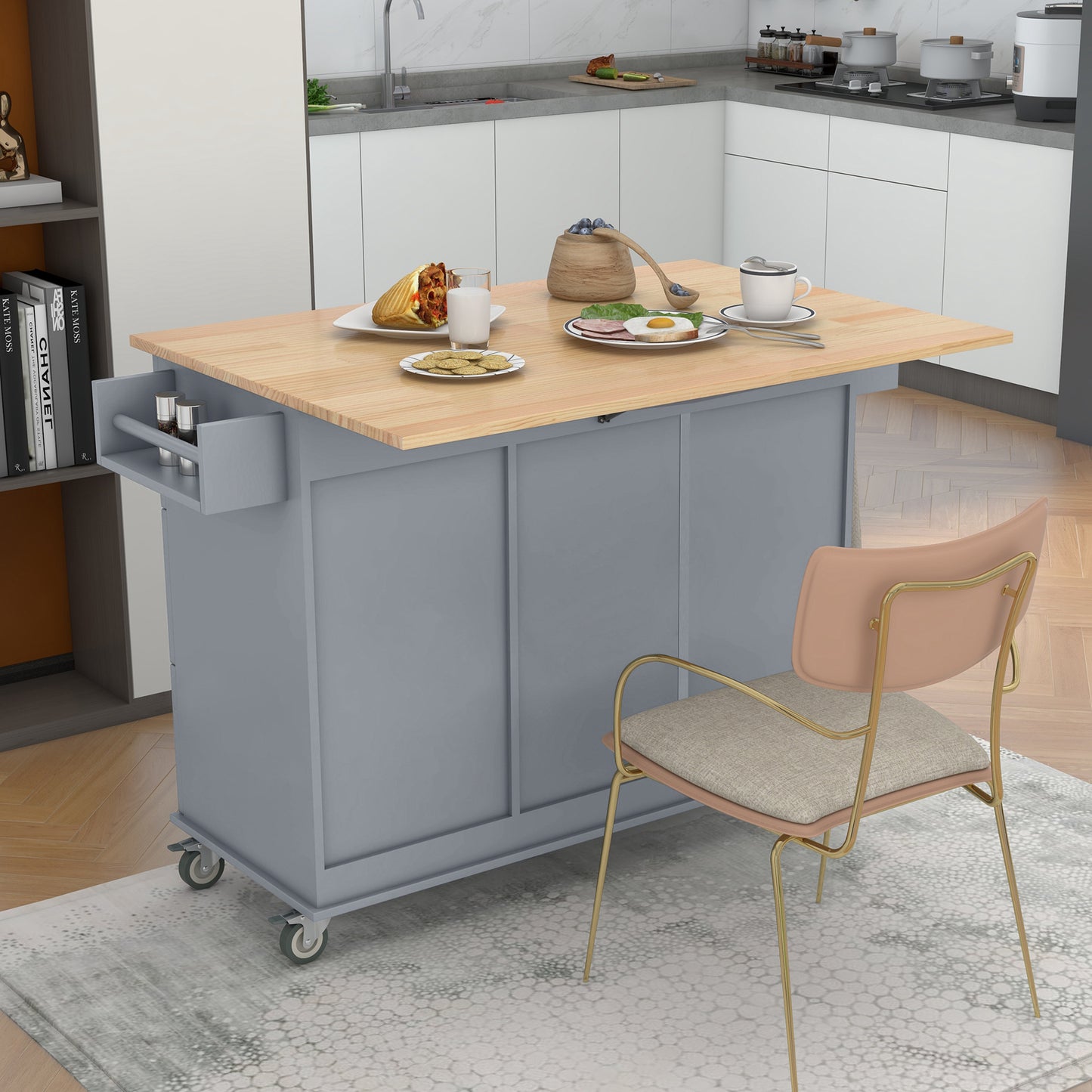 Versatile Rolling Kitchen Island with Solid Wood Top, Locking Wheels & Ample Storage - 52.7 Inch (Grey Blue)