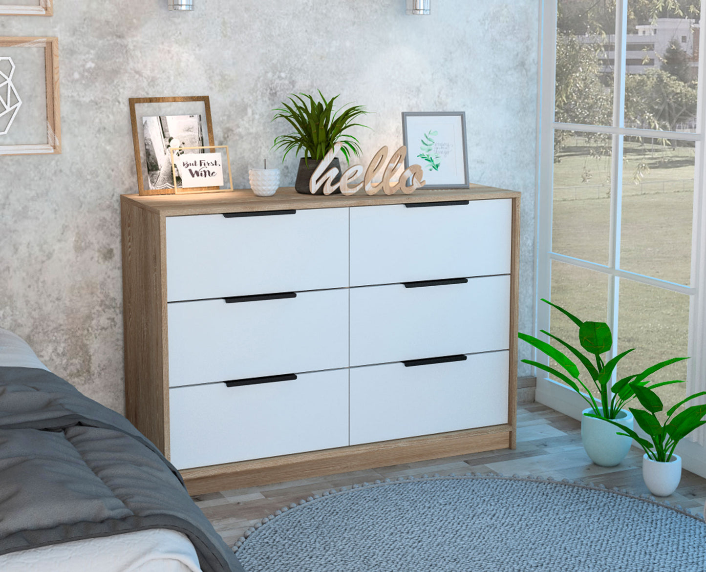 Longhill Modern Pine and White 6-Drawer Dresser