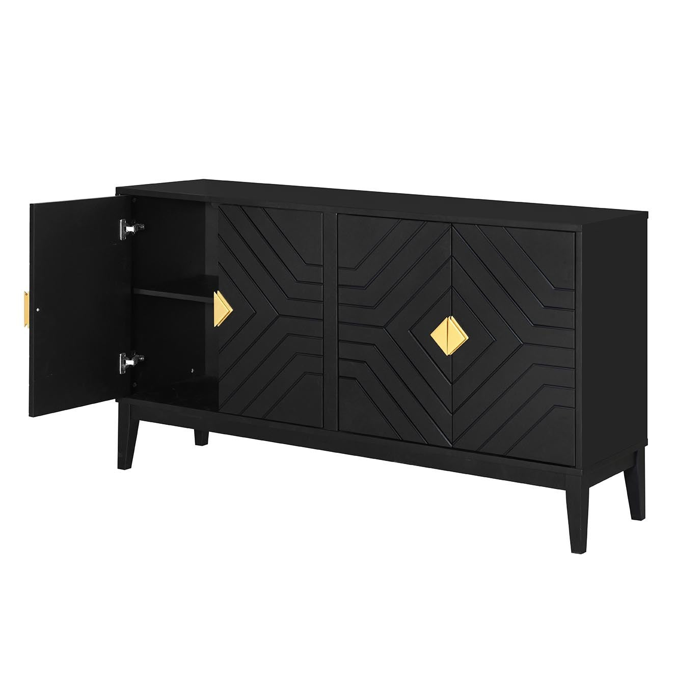 4-Door Sideboard Storage Cabinet for Living Room and Dining Room, Two Large Cabinets with Gold Handles and Adjustable Shelf, Black