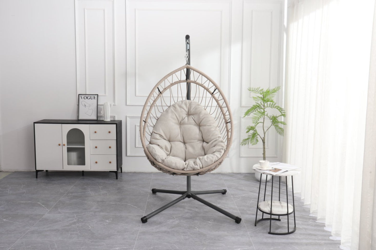 Outdoor Egg Shaped Hanging Chair With Stand HDPE Wicker Swing For Patio And Indoor Use 42.5 In Long 32.5 In Wide Linen Gray