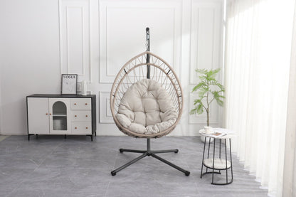 Outdoor Egg Shaped Hanging Chair With Stand HDPE Wicker Swing For Patio And Indoor Use 42.5 In Long 32.5 In Wide Linen Gray