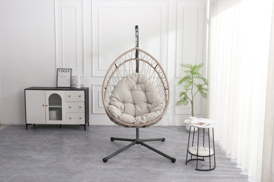 Outdoor Egg Shaped Hanging Chair With Stand HDPE Wicker Swing For Patio And Indoor Use 42.5 In Long 32.5 In Wide Linen Gray