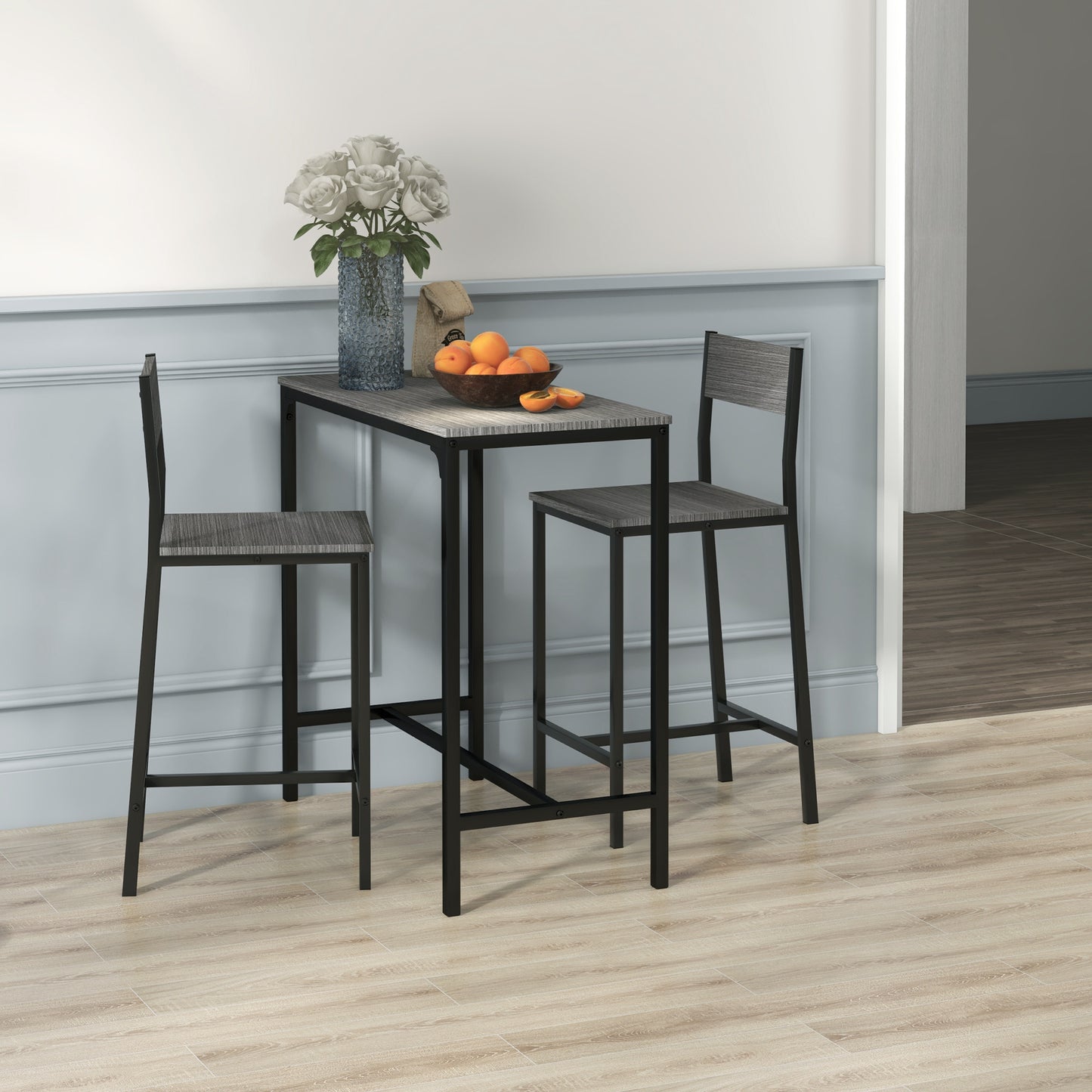 3-Piece Counter-Height Bar Table and Stools Set, Industrial MDF Dining, Kitchen Nook Gray
