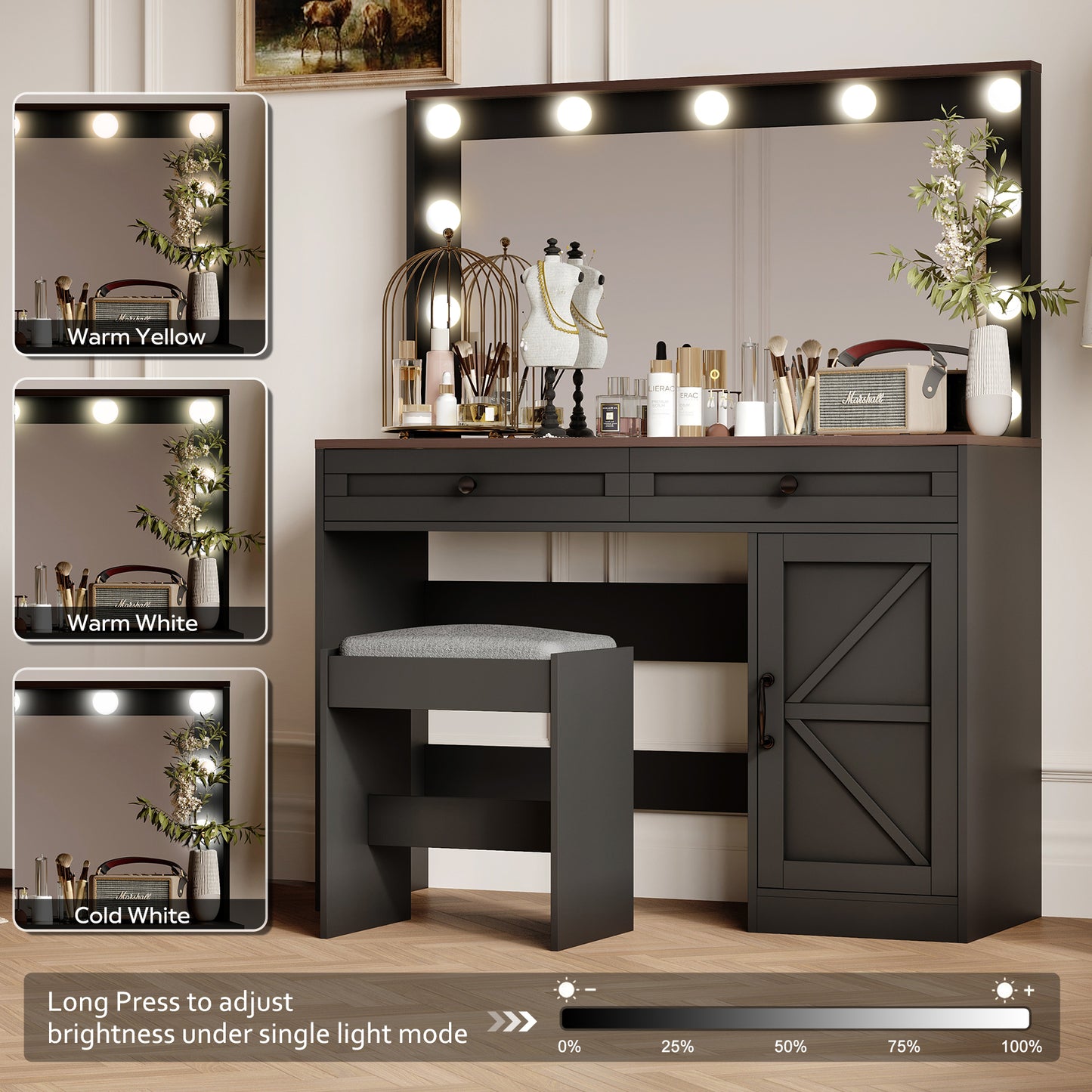 43.4-Inch Makeup Vanity Table with Mirror and 11 LED Lights, 3-Drawer Desk, Adjustable Brightness, Black
