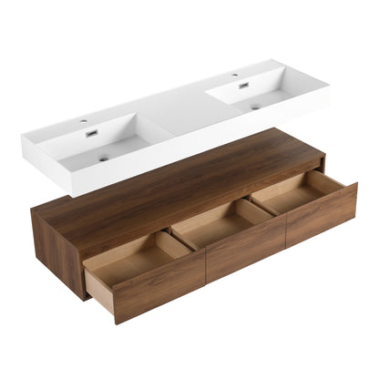Contemporary 60-Inch Wall-Mounted Bathroom Vanity with Dual Resin Sinks, Soft-Close Drawers, and Floating Design
