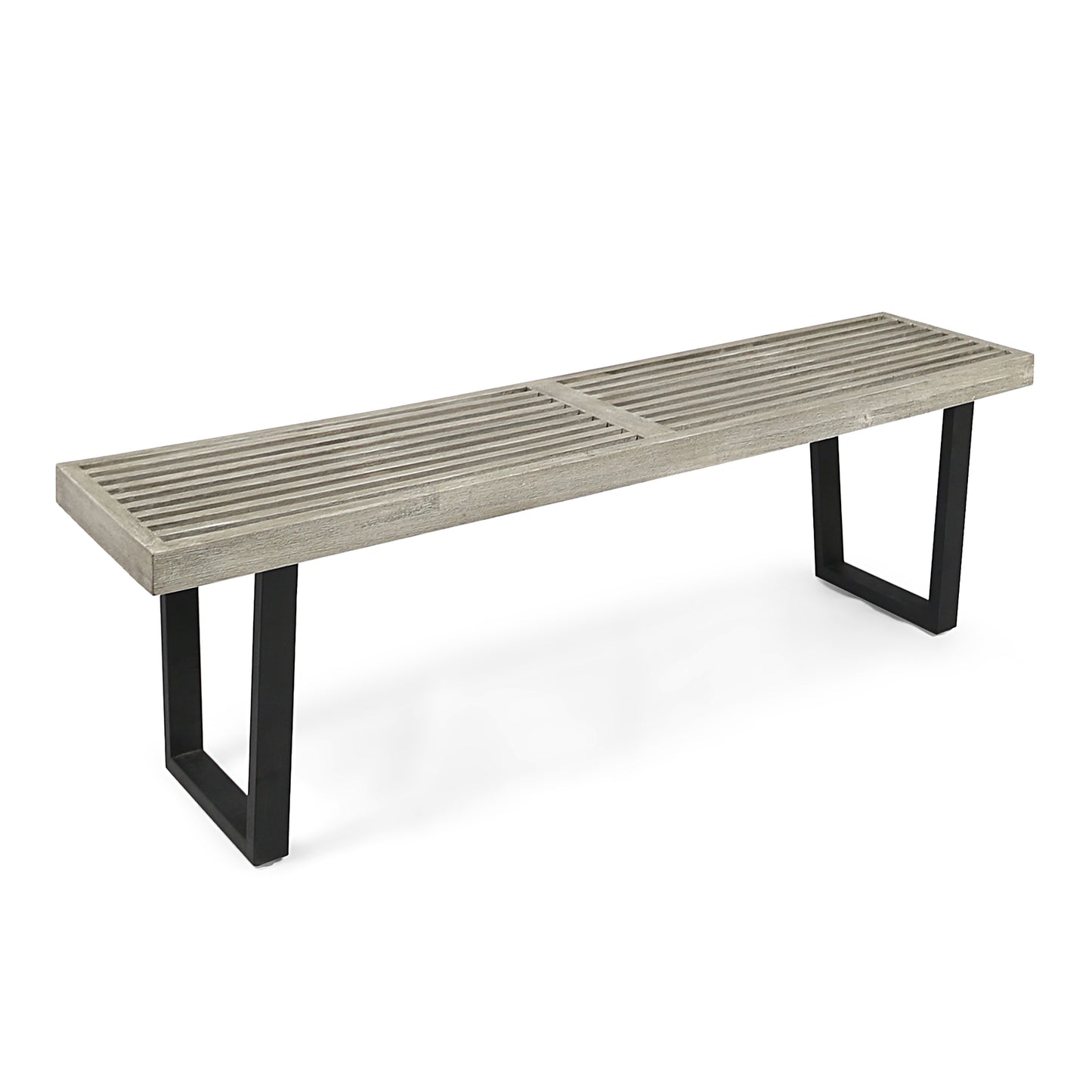 Outdoor Dining Bench with Slat Top, Acacia Wood, Iron Legs, 61.75 in L, Seats 3, Black and Gray
