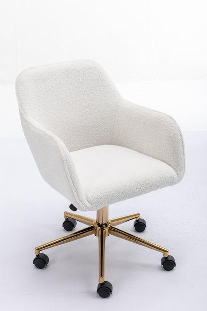Elegant White Teddy Fabric Home Office Chair with Gold Metal Legs and 360° Swivel Function