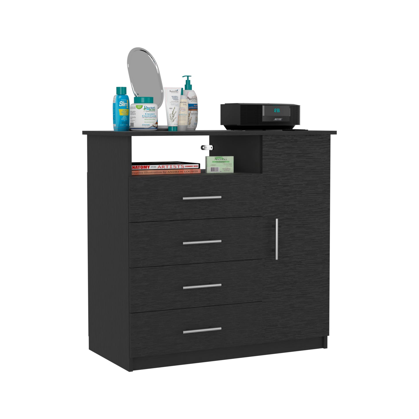 Sleek Black 4 Drawer Dresser with Open Shelf and Cabinet Storage