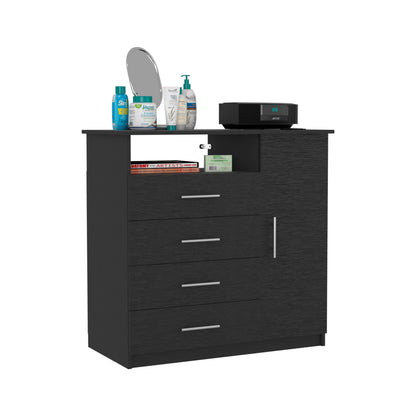 Sleek Black 4 Drawer Dresser with Open Shelf and Cabinet Storage