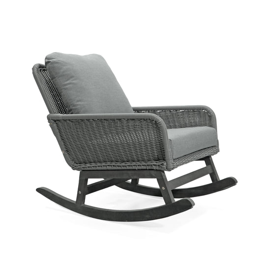 Contemporary Minimalist Wicker Rocking Chair With Durable Wooden Frame And Soft Polyester Cushions Indoor Patio Use Gray