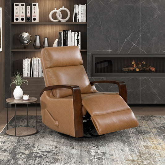 Swivel Glider Recliner Chair with Faux Leather, Wooden Arms, Living Room Furniture, Brown Finish
