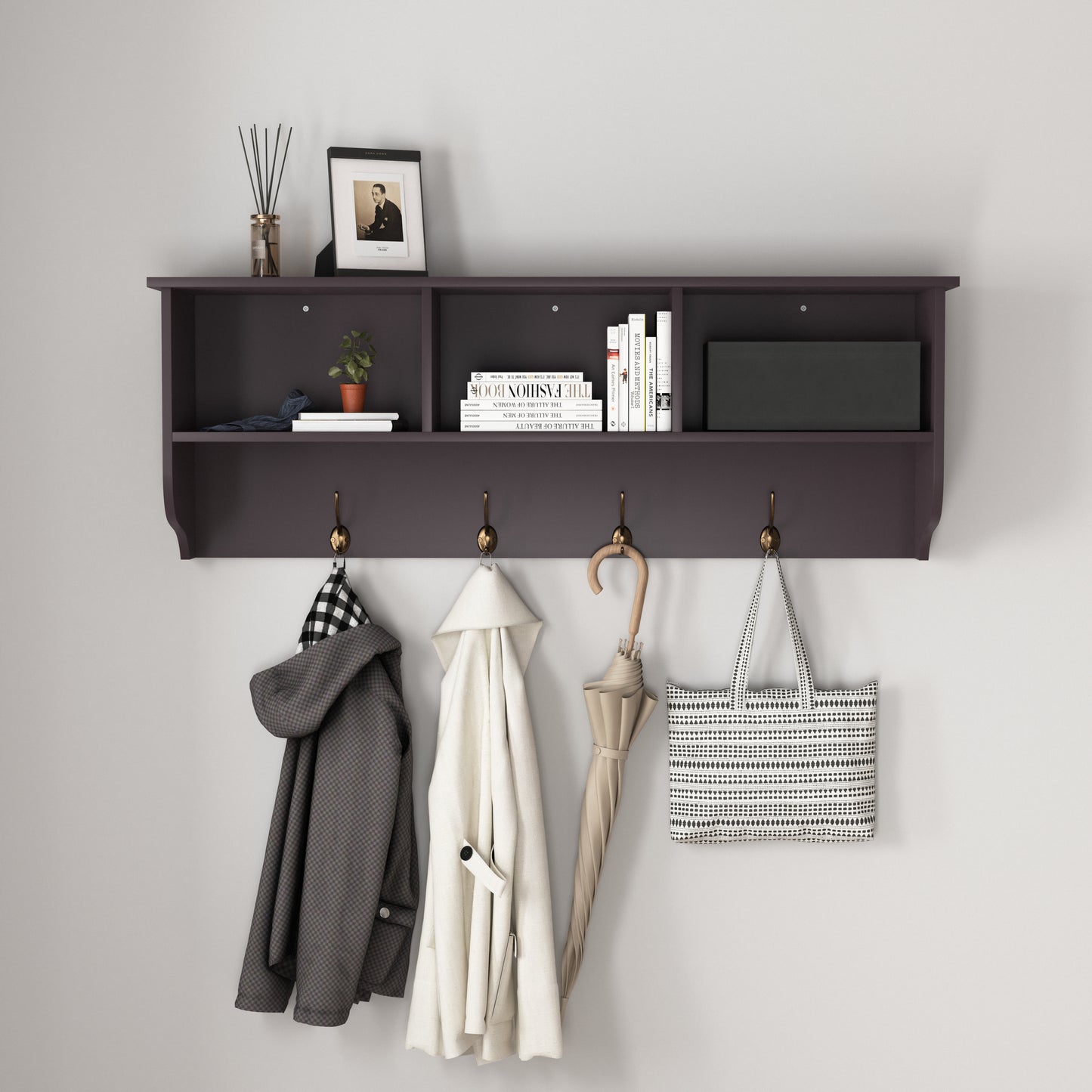 Wall-Mounted Coat Rack with Shelf, 3 Cubbies & 4 Hooks, MDF Entryway Organizer, 38.6 in L, Espresso