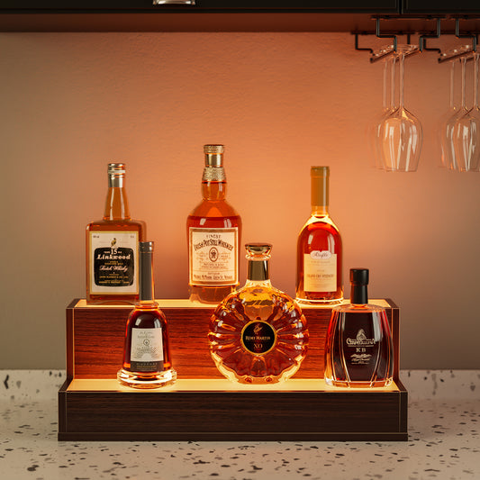 Illuminated Walnut Liquor Bottle Display Shelf With LED
