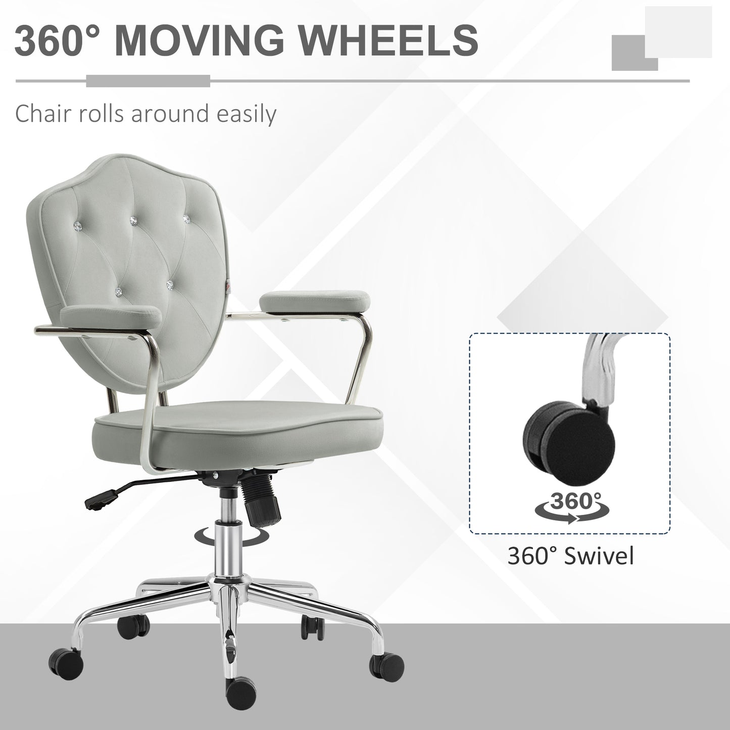 Chic Gray Velvet-Feel Swivel Office Chair with Rhinestone Accents and Adjustable Height