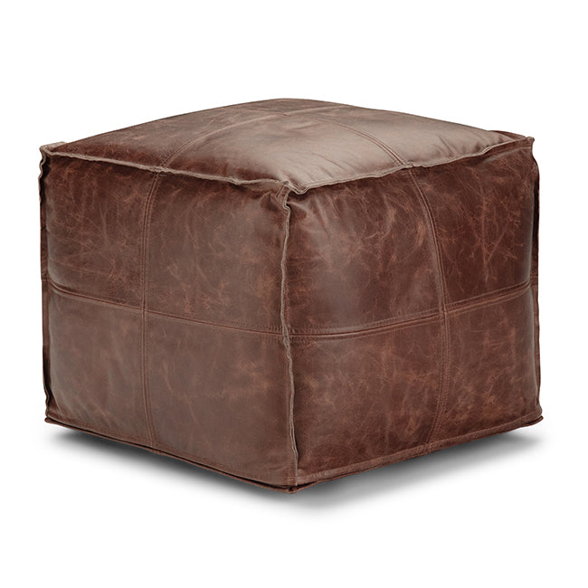 Square Leather Pouf, 18in Square, 14in High, Bead-Filled Footstool, Seating, Fully Assembled, Dark Brown