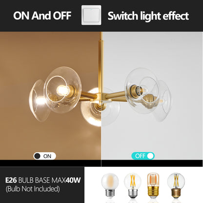 5-Light Sputnik Pendant Chandelier with Clear Glass Shades for Dining and Kitchen, Hard-Wired 120V, Gold