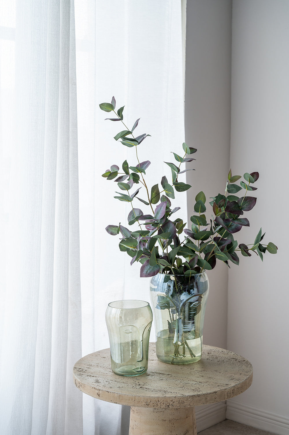 Two-Piece Glass Vase Set with Face Motifs, Round Silhouette, Display, 7.9D x 11H & 5.5D x 5.9H Green