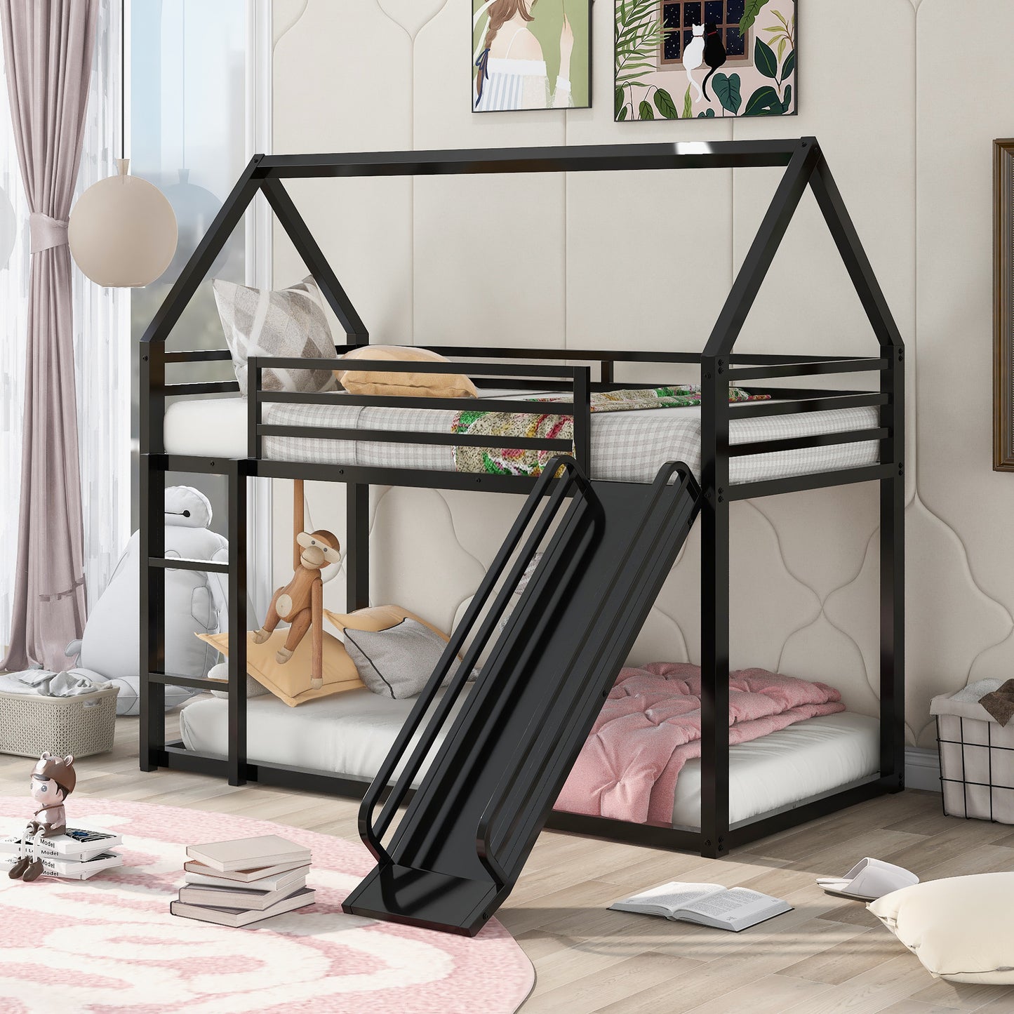 Twin House Bunk Bed with Slide and Ladder in Black for Kids