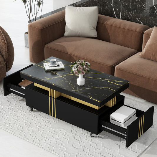 Contemporary Coffee Table with Faux Marble Top 2 Drawers Casters Gold Frame MDF 39.3x19.6x17.5, Black