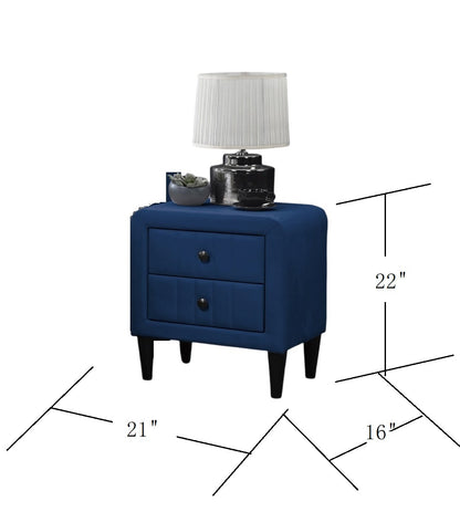 Navy Blue Color Velvet Gorgeous 1pc Nightstand Bedside Table 2x Drawers Bedroom Furniture Sleek Design Tempered Legs