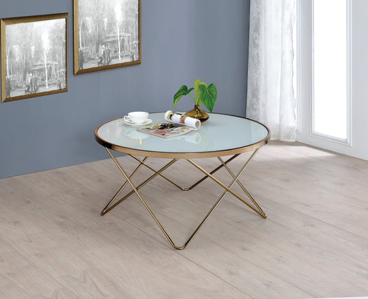 34-Inch Round Coffee Table with Frosted Glass Top and V-Base, Living Room Centerpiece, Champagne Finish