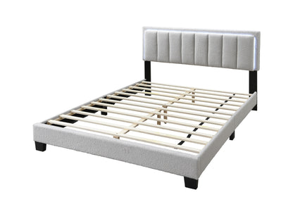 Elegant Light Gray Wool Upholstered Queen Bed with LED Channel Tufted Headboard