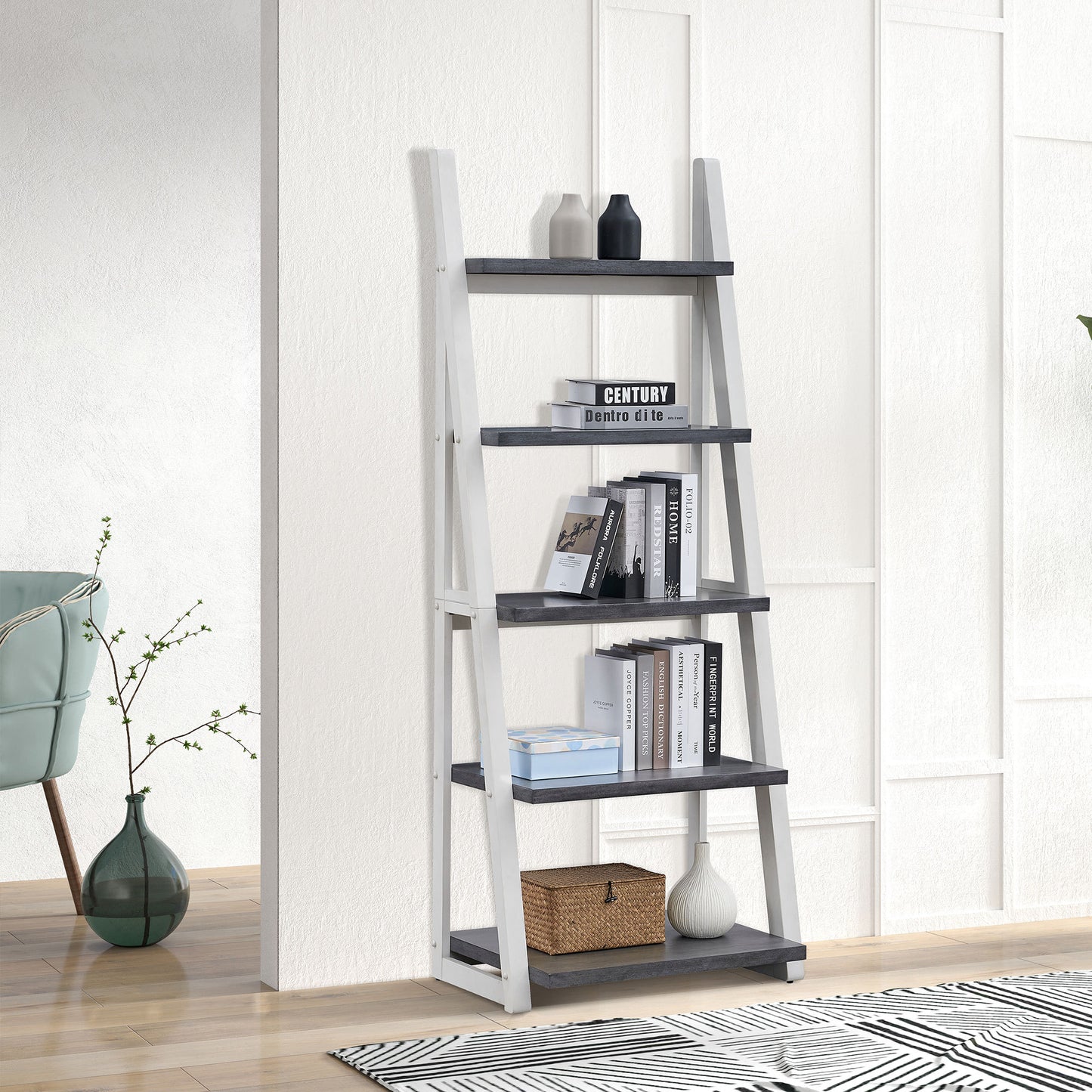 Modern 5-Tier Ladder Bookshelf with Solid Rubber Wood Frame for Versatile Storage in Any Room