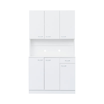 Elegant 70.87" Tall White Wardrobe & Kitchen Cabinet with 6 Doors, 1 Drawer, and Open Shelves for Stylish Storage