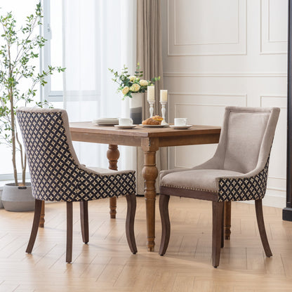 A&A Furniture, Ultra Side Dining Chair, Thickened fabric chairs with neutrally toned solid wood legs, Bronze nail head, Set of 2, Beige and Patterned,SW2207BG