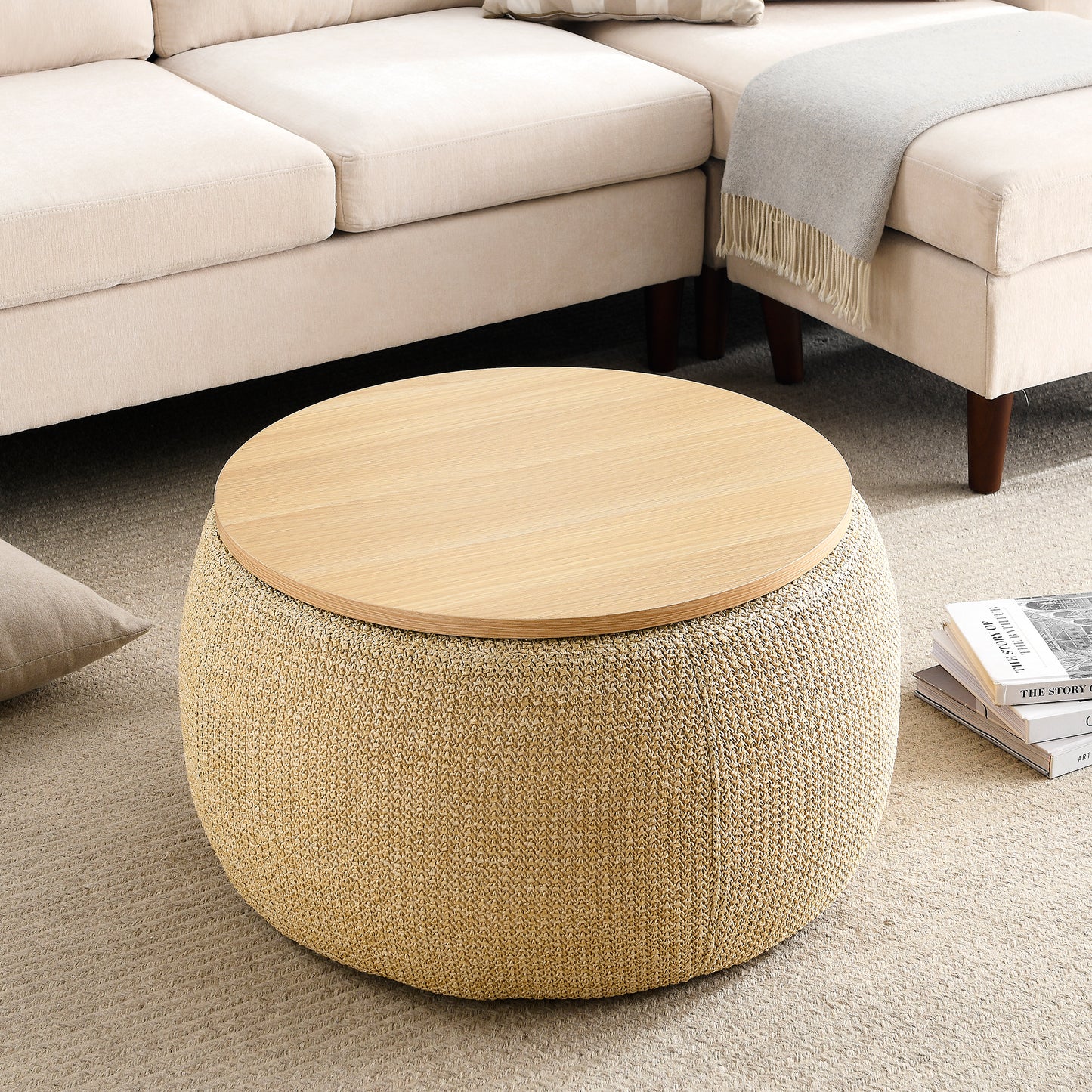 Round Storage Ottoman 2-in-1 End Table and Seat, Removable Top, 19.5in Storage, 250lb Capacity, Natural