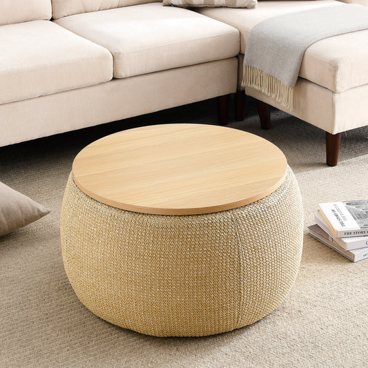 Round Storage Ottoman 2-in-1 End Table and Seat, Removable Top, 19.5in Storage, 250lb Capacity, Natural