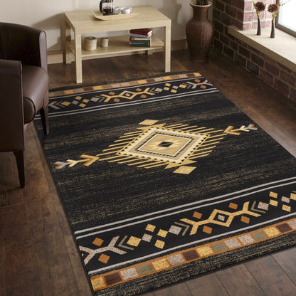 Southwest-Style Rug, 7'3 x 5'3, Polypropylene, Stain-Resistant, Kid & Pet Friendly, Jute Backing, Black