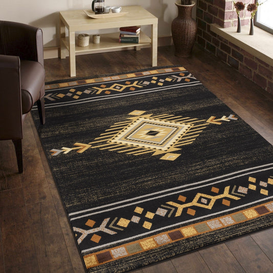 Southwest-Style Rug, 7'3 x 5'3, Polypropylene, Stain-Resistant, Kid & Pet Friendly, Jute Backing, Black