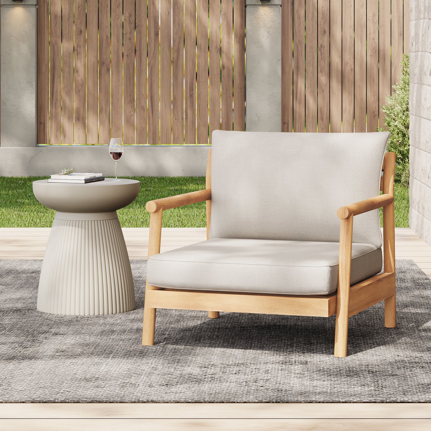 Outdoor Acacia Wood Club Chair With Water Resistant Olefin Cushion For Patio 1 Piece Teak Beige