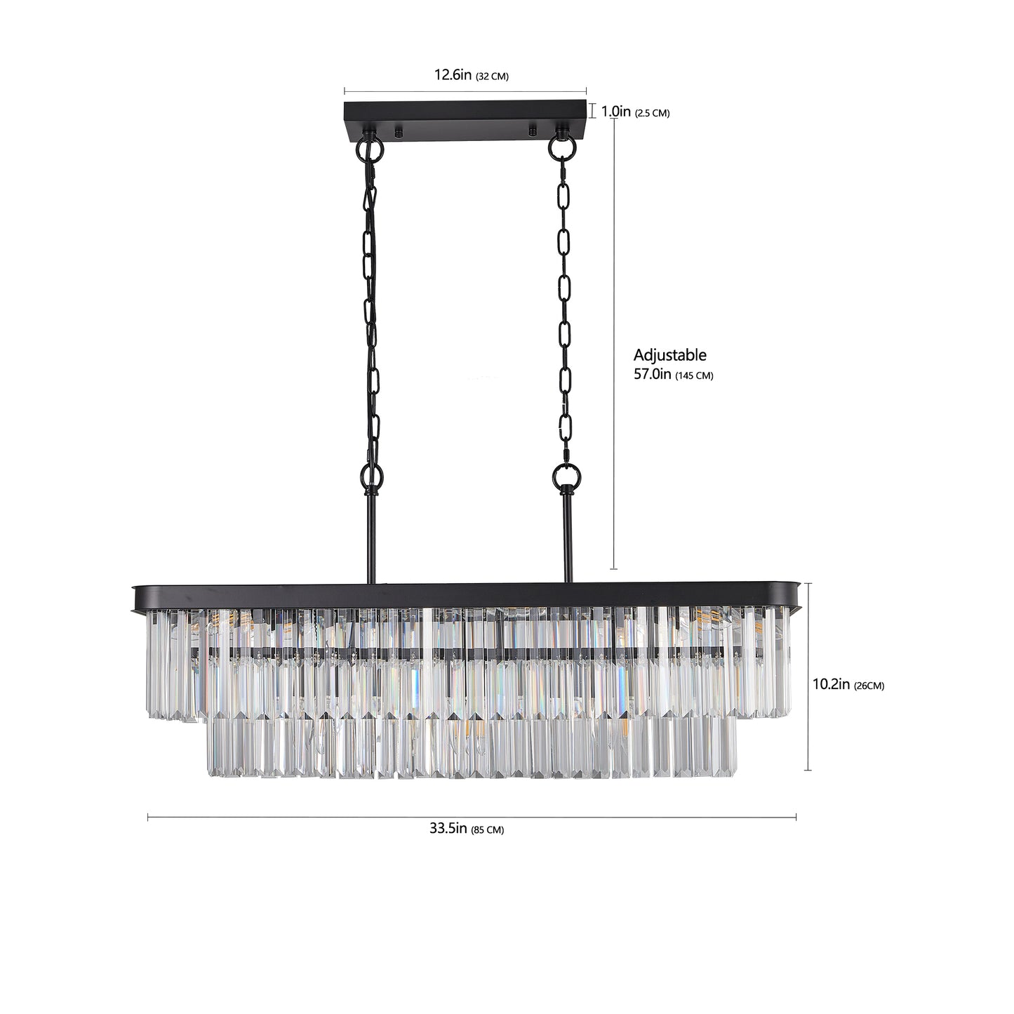 Rectangular Crystal Chandelier, 11-E12 Adjustable Industrial Iron Pendant for Kitchen Island Black
