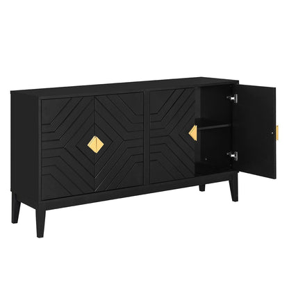 4-Door Sideboard Storage Cabinet for Living Room and Dining Room, Two Large Cabinets with Gold Handles and Adjustable Shelf, Black