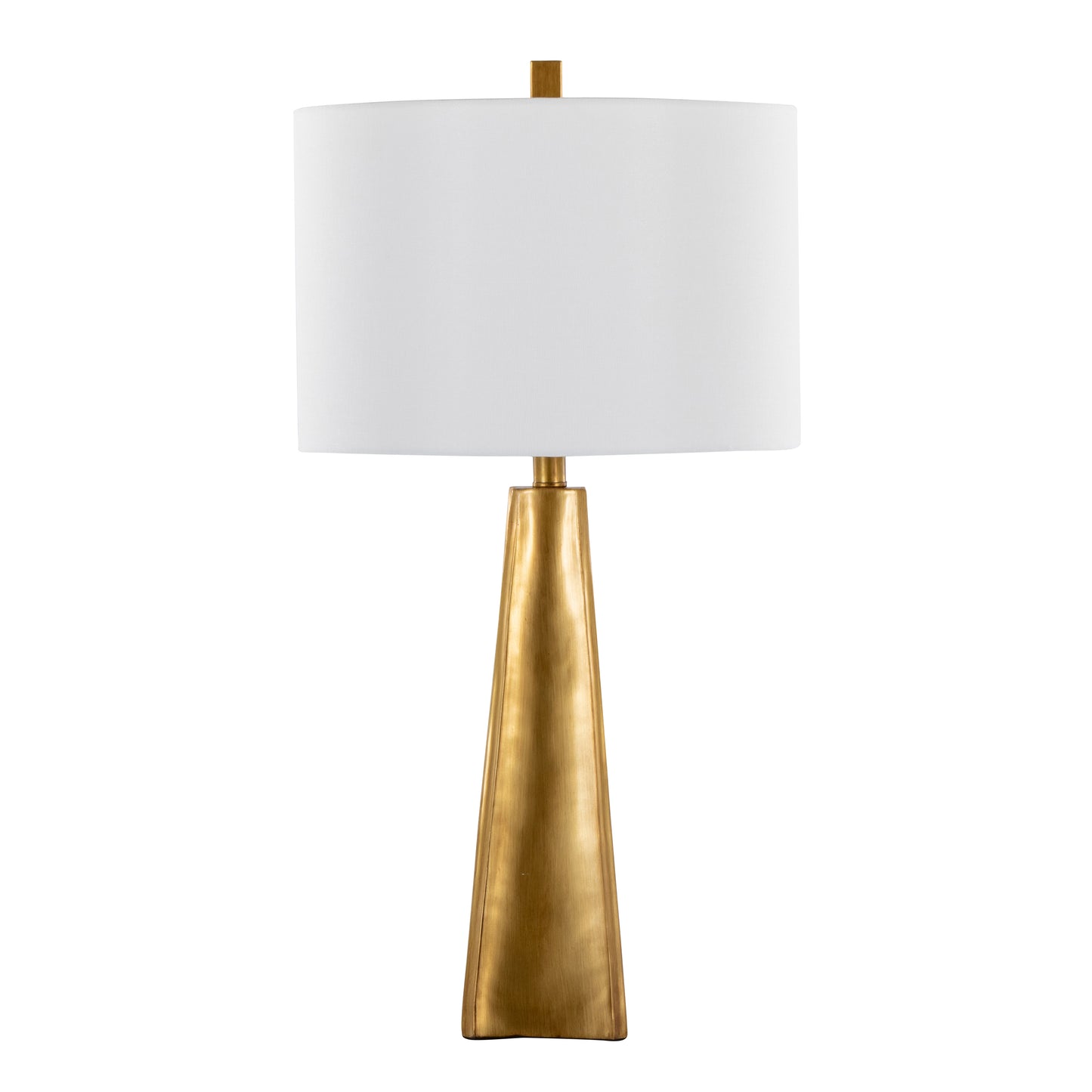 Contemporary 29-Inch Polyresin Table Lamp: Pyramid Base, White Linen Shade, Glam Art Deco Indoor Use Gold