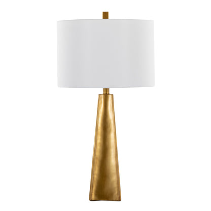Contemporary 29-Inch Polyresin Table Lamp: Pyramid Base, White Linen Shade, Glam Art Deco Indoor Use Gold