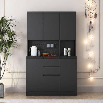 Elegant 74" Black Kitchen Pantry Cabinet with Versatile Storage Solutions, 6 Doors, 3 Shelves & 2 Drawers, Perfect for Kitchen, Laundry, or Craft Room