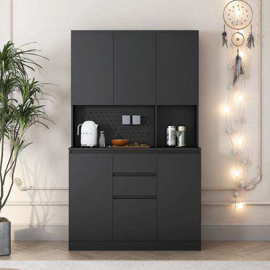 Elegant 74" Black Kitchen Pantry Cabinet with Versatile Storage Solutions, 6 Doors, 3 Shelves & 2 Drawers, Perfect for Kitchen, Laundry, or Craft Room