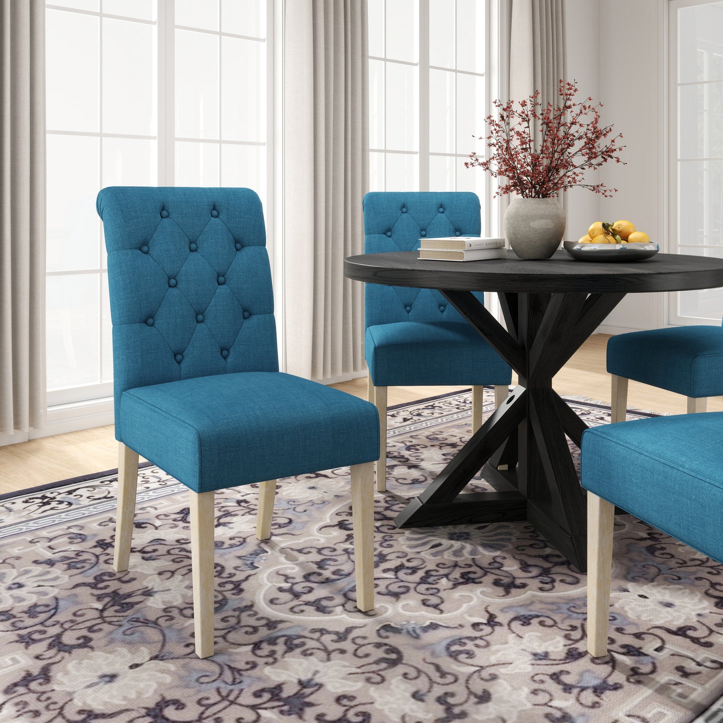 Five Piece Cross Buck Round Table With Tufted Chairs Blue