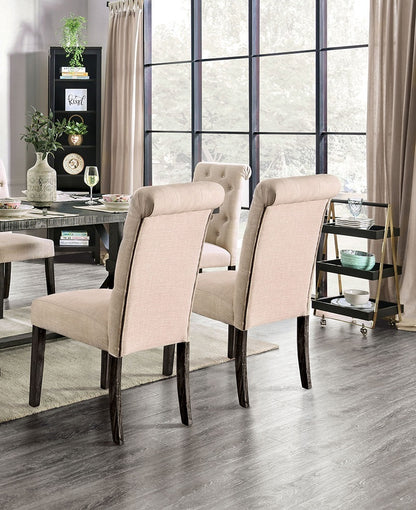 Set of 2 Side Dining Chairs - Button Tufted, Linen-Look, Solid Wood, Scroll Back, Rustic Chairs Ivory