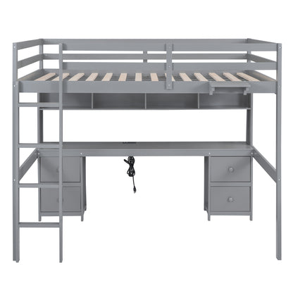 Gray Full Size Loft Bed with Integrated Desk, Storage Solutions, and Charging Station