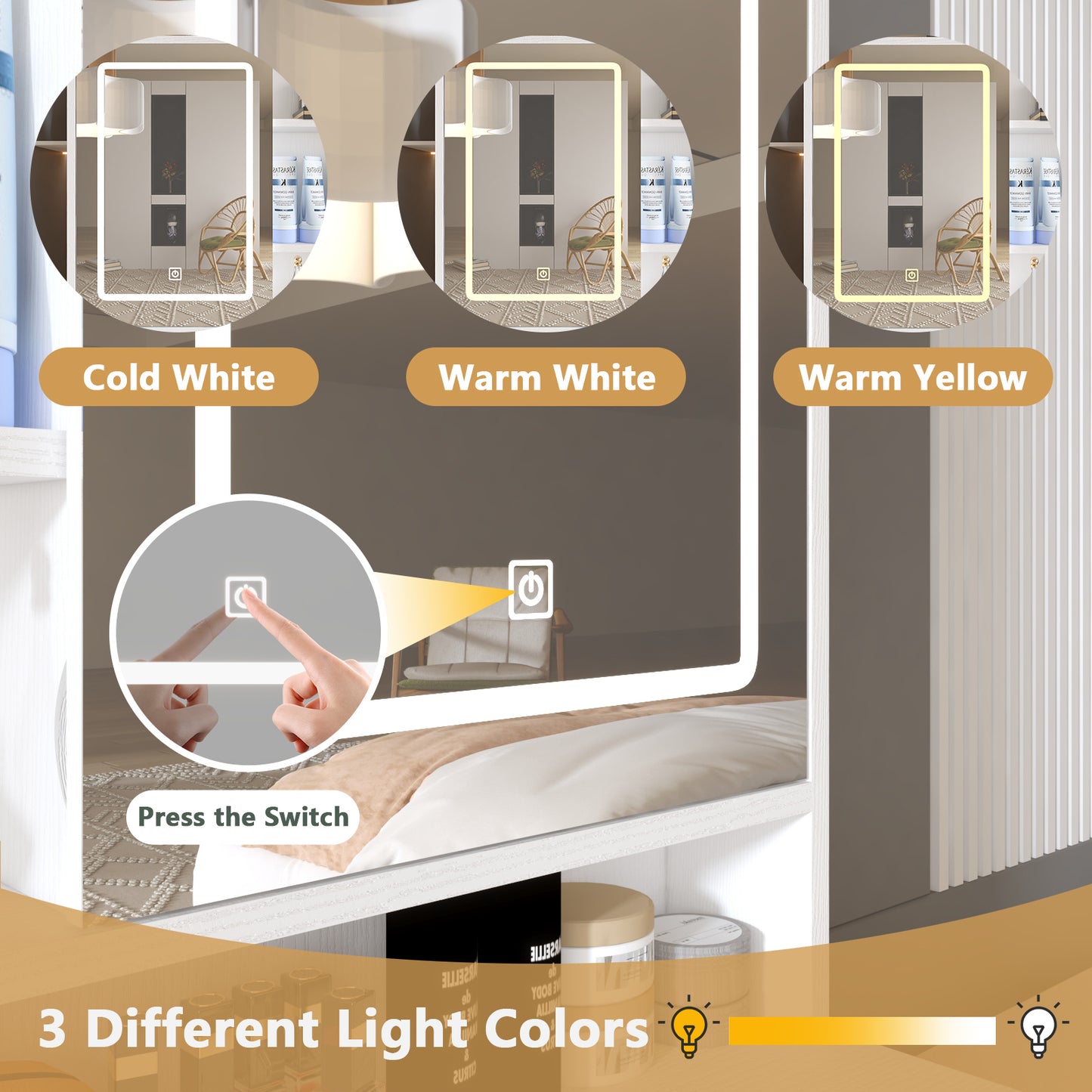 Makeup Vanity with Lights, Open Mirror, 4 Drawers & 1 Cabinet, Rattan Vanity Table for Bedroom - 3 Colors
