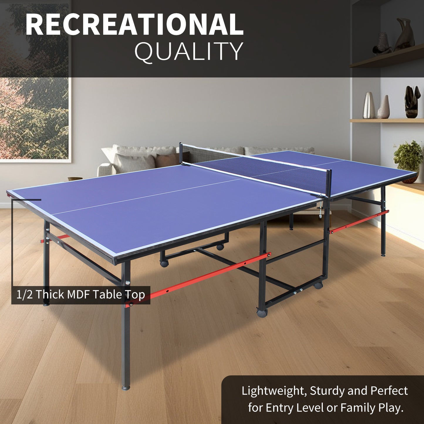 8ft Foldable Mid-Size Table Tennis Table Set for Indoor/Outdoor Use with Net, 2 Paddles, 3 Balls – Portable Blue