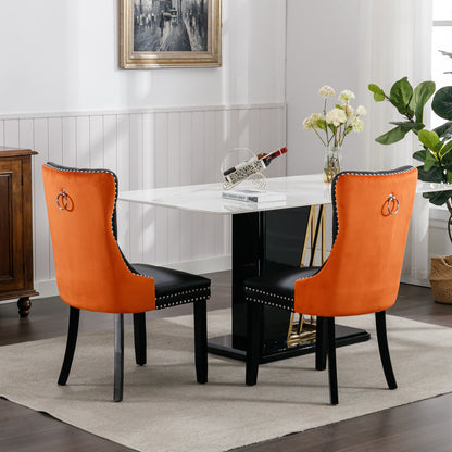 Modern Tufted Wood Dining Chair Set with PU Leather and Velvet Upholstery, Wood Legs, 2-Pcs Black/Orange